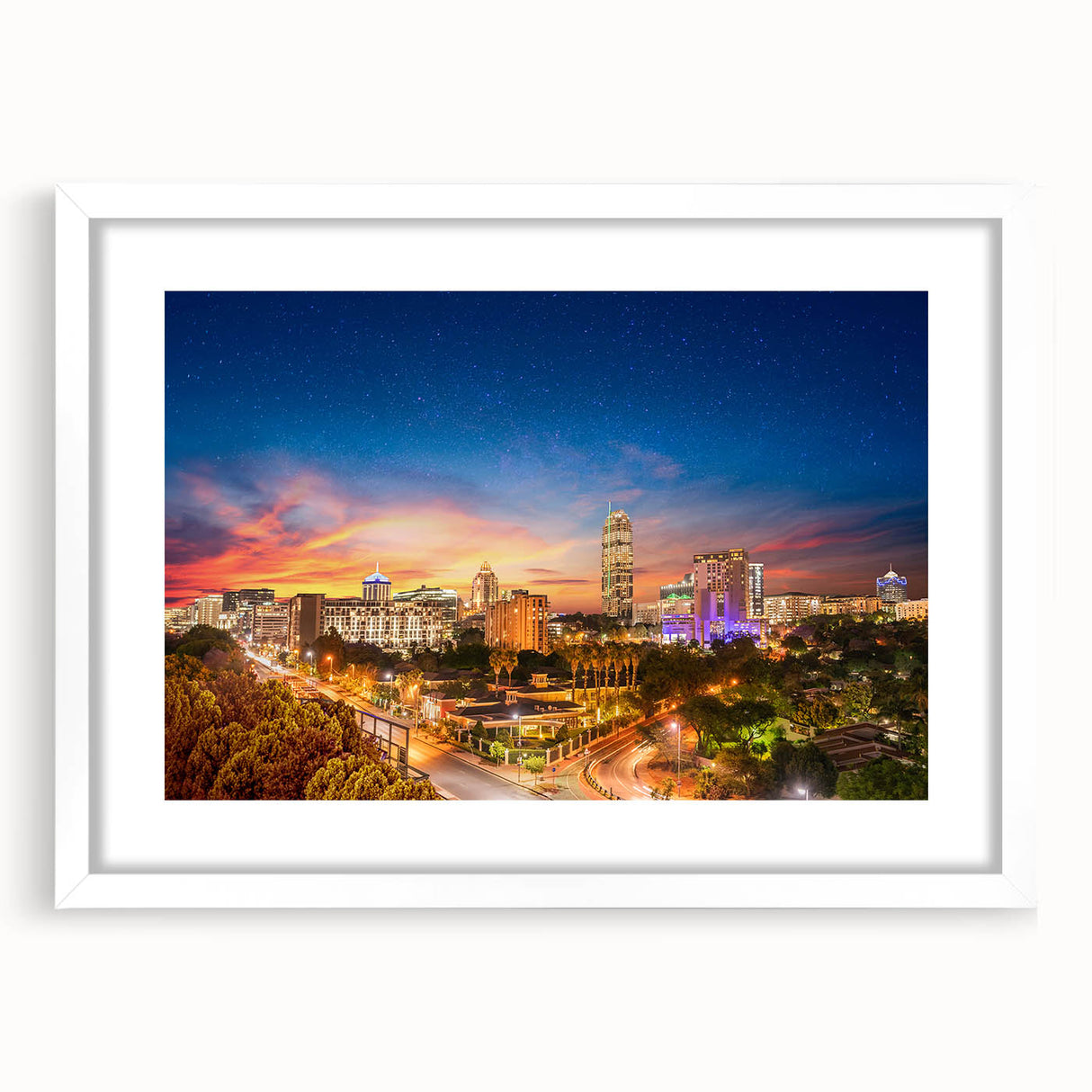 Abstract art print featuring a stylized South African landscape in muted earth tones on a framed white mat.