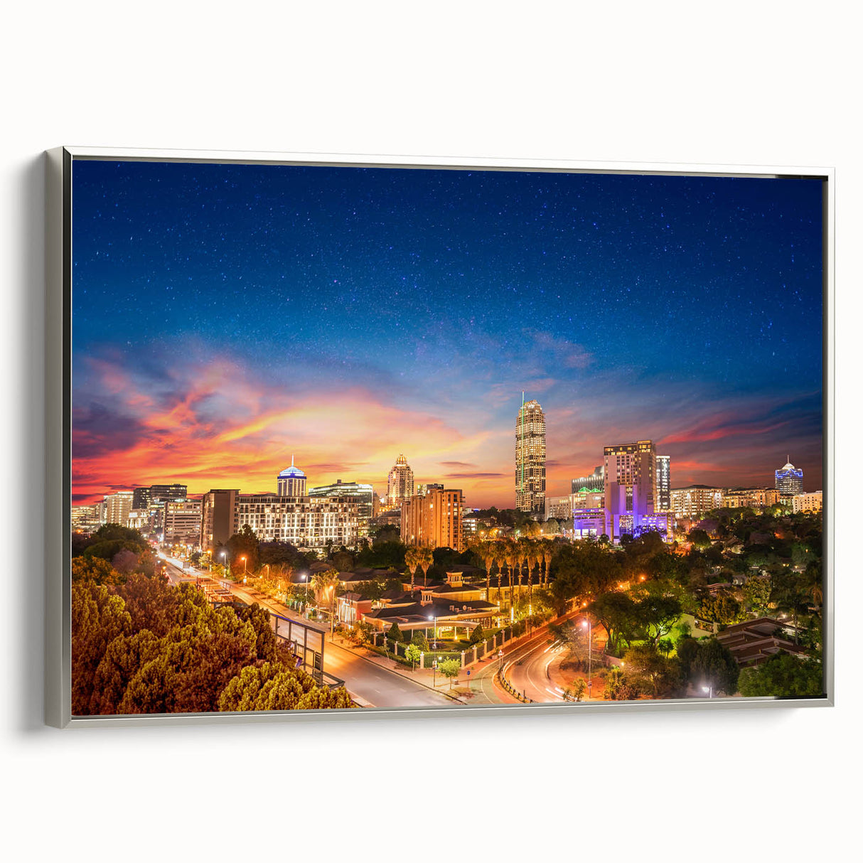 Landscape art painting of an African savannah at sunset on framed canvas.