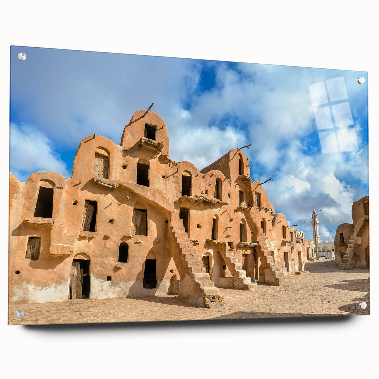 Large abstract wall art depicting a Tunisian landscape in muted earth tones on acrylic glass.