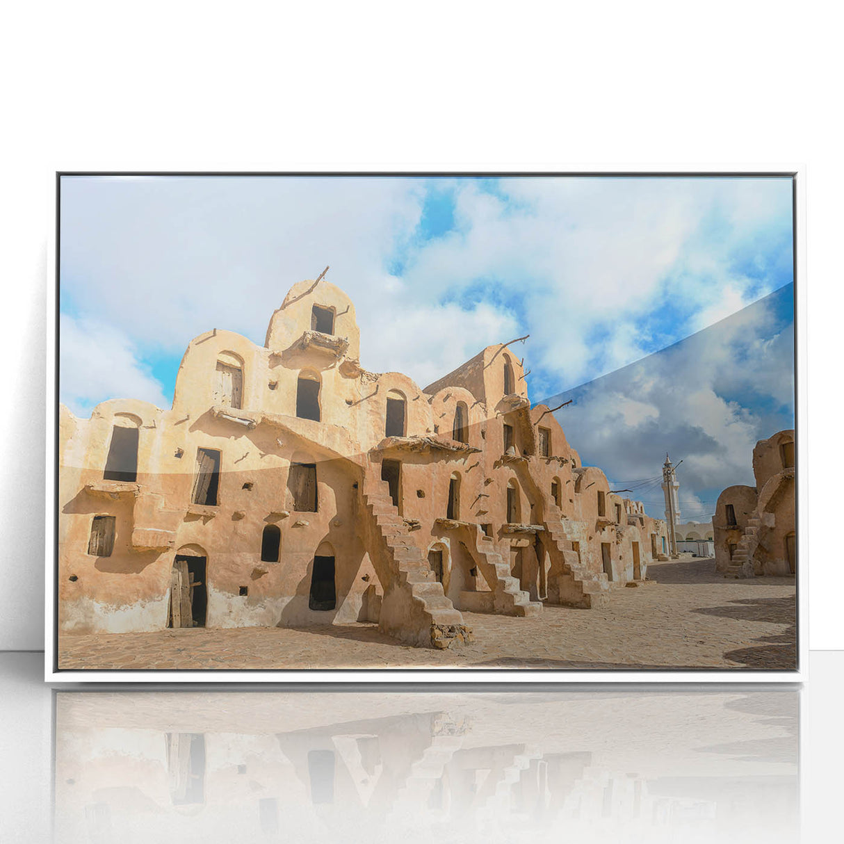 Art deco poster featuring a Tunisian landscape in muted earth tones on framed acrylic, ideal for modern art wall decor.