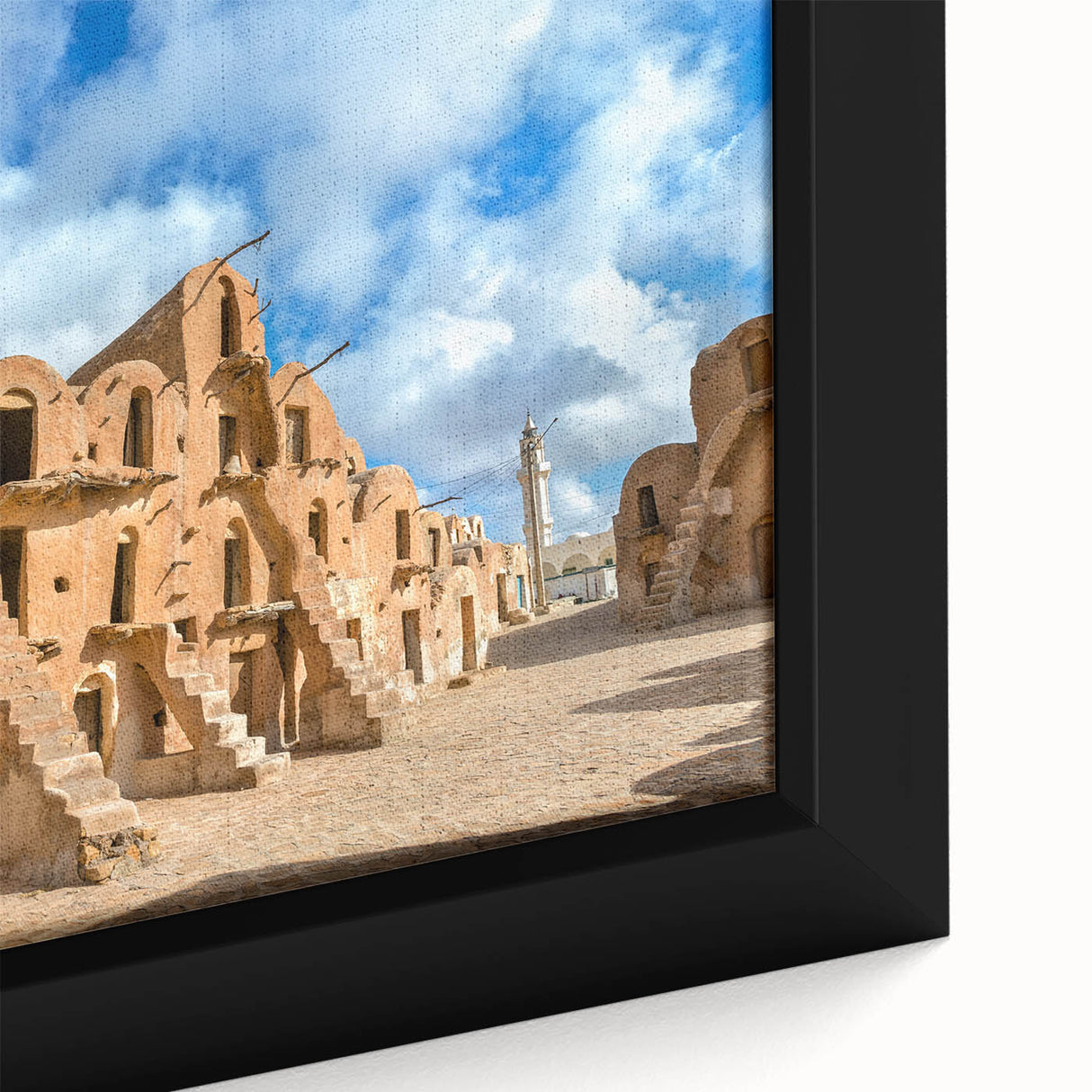 Extra large framed canvas featuring a textured, colorful depiction of a Tunisian landscape, ideal for living room decor.