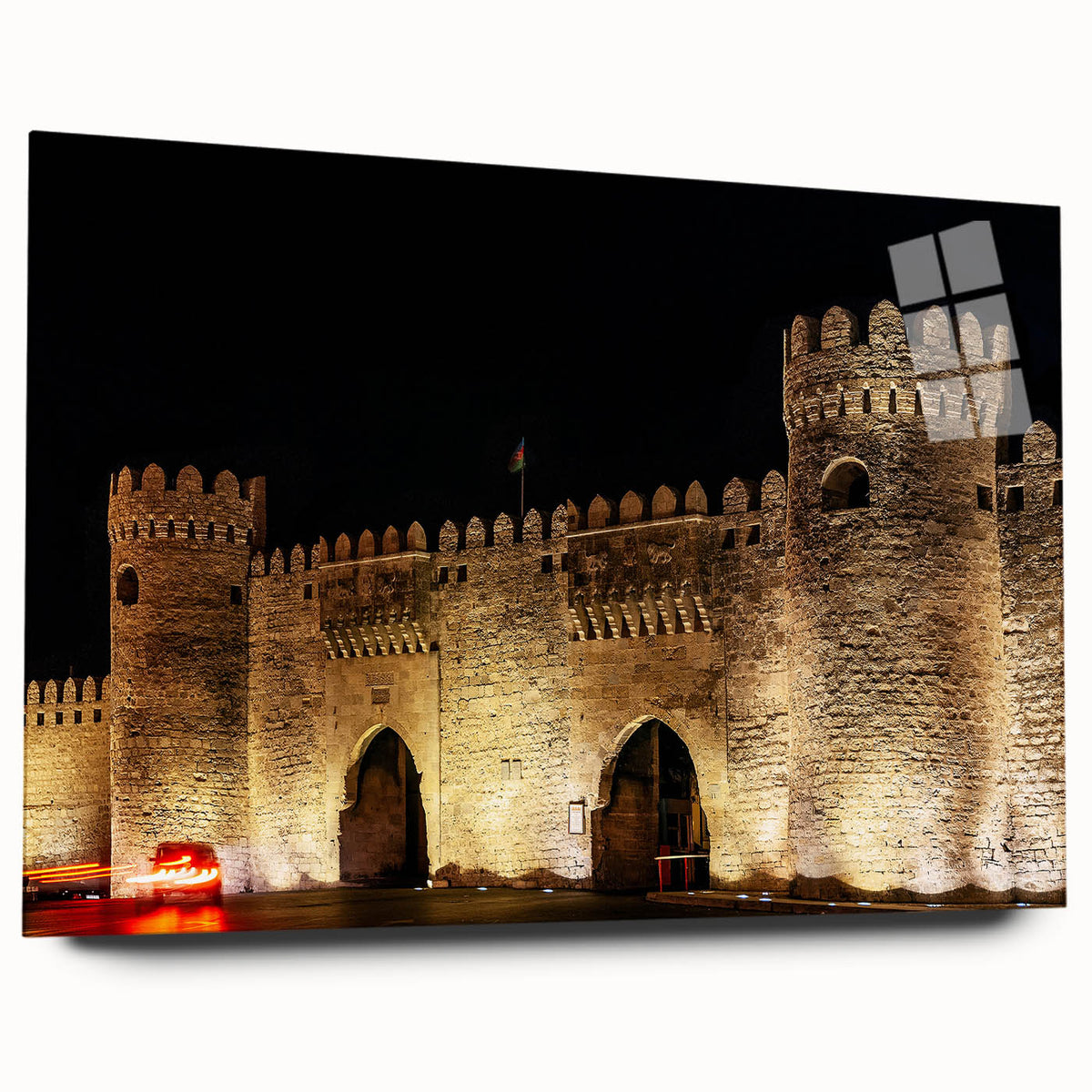Large abstract wall art depicting a serene Azerbaijani landscape in muted earth tones on acrylic glass.