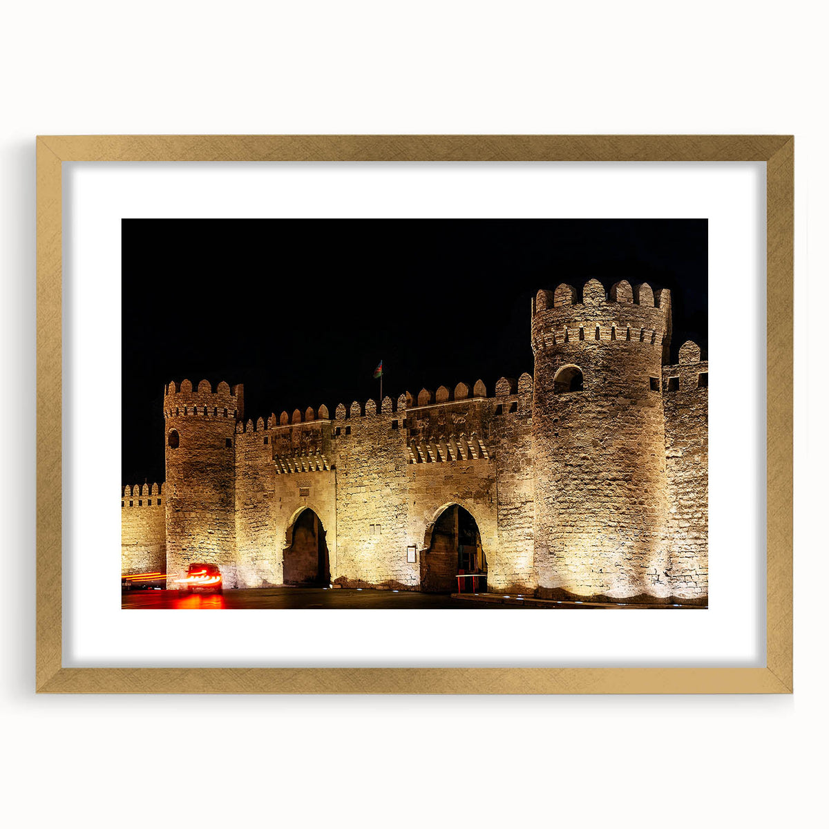 Extra large abstract art print depicting a textured scene of the Azerbaijan landscape in gold frame.