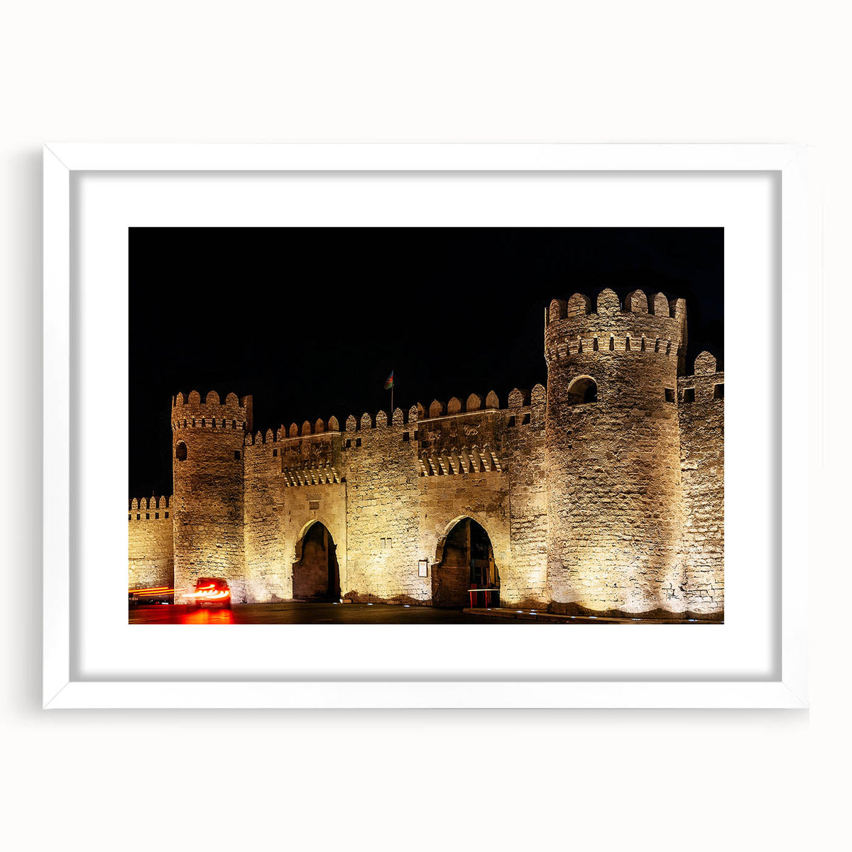 Abstract art print of a serene Azerbaijan landscape in soft blue and green tones, framed with a white mat.