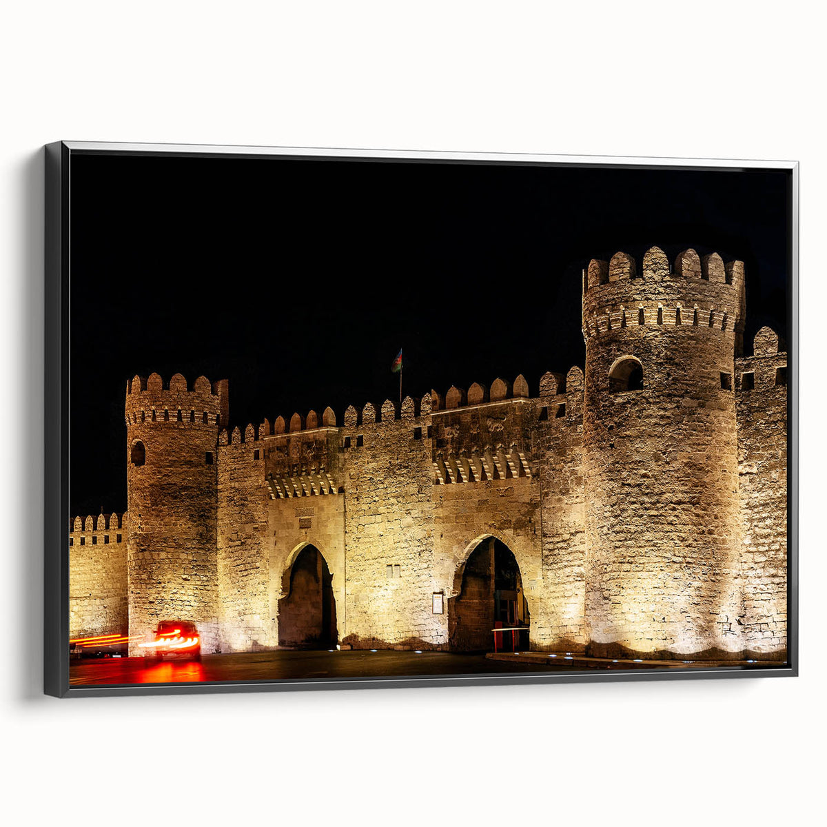 Black and white wall art featuring a panoramic view of an Azerbaijani landscape on a framed canvas, ideal for bedroom decor.
