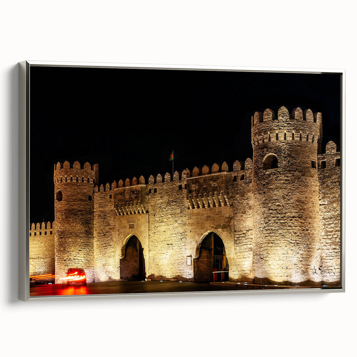 Landscape art painting of an Azerbaijani scenery on a framed canvas, featuring vibrant green and blue tones.