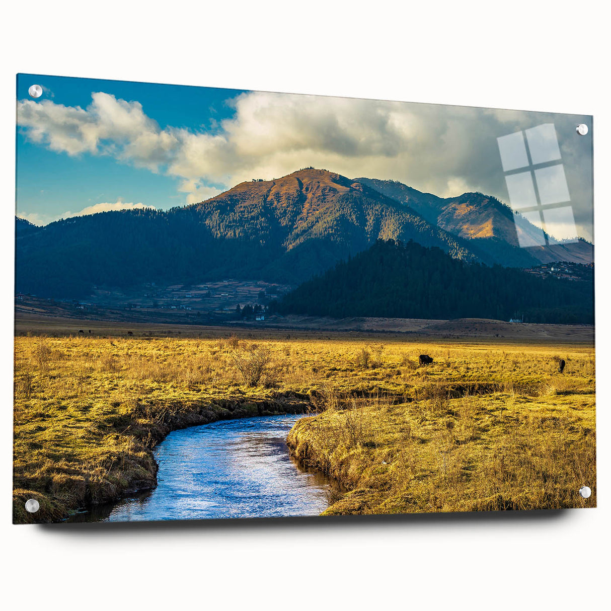 Acrylic print of a Bhutanese landscape in muted earth tones, ideal for dining room decor.