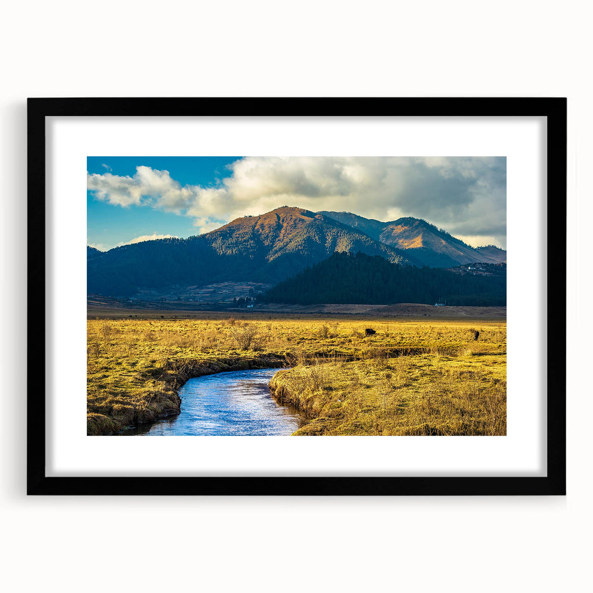 Extra large abstract art print featuring colorful, textured scenery of Bhutan, framed in black, ideal for living room decor.