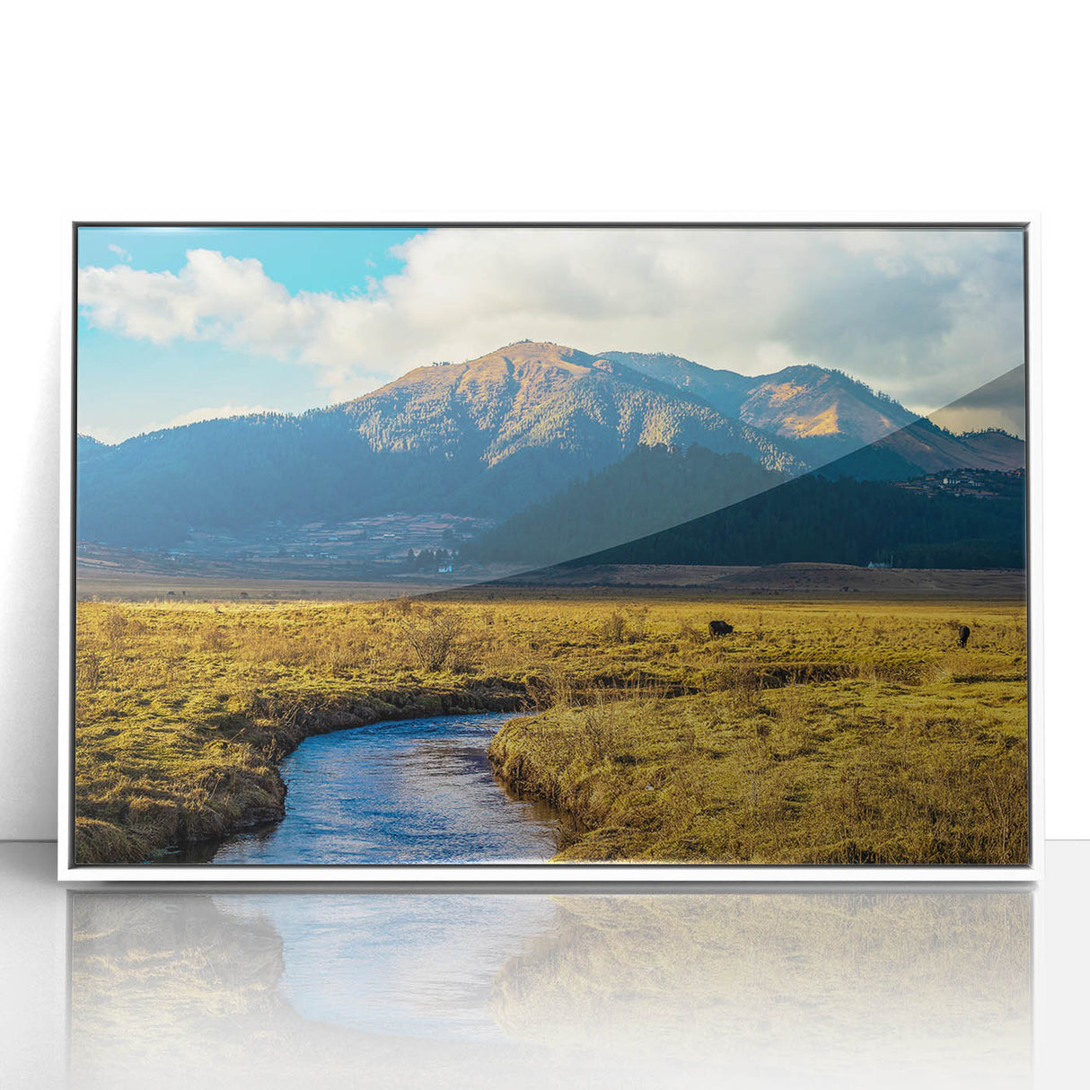 Acrylic print of a serene Bhutanese landscape in soft pastel hues, framed in white, suitable for modern art wall decor.