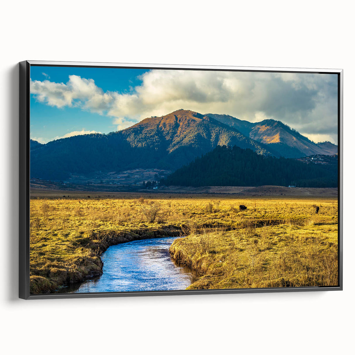 Framed canvas of a black and white landscape painting depicting Bhutanese scenery, ideal for bedroom wall decor.