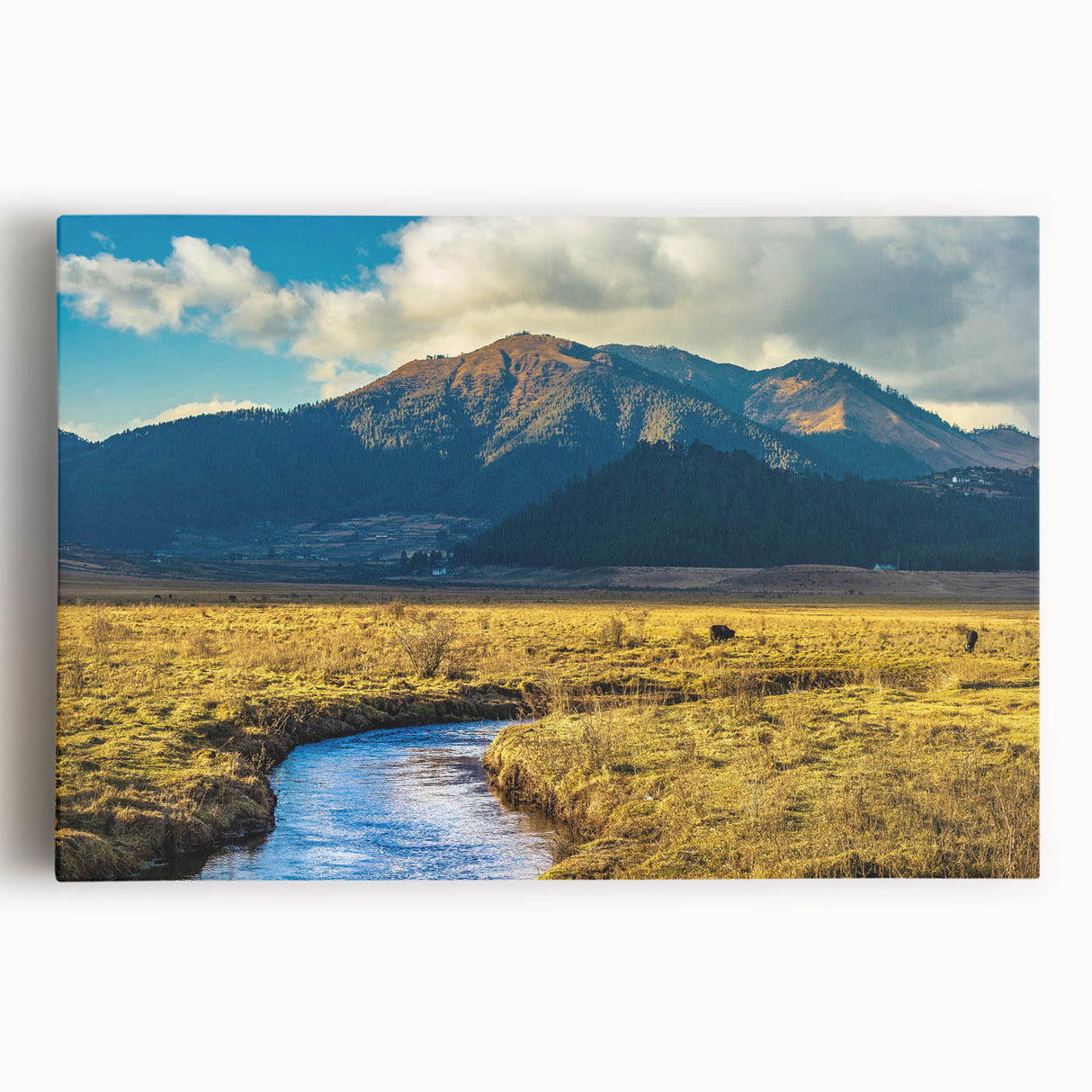 Large black and white photograph of Bhutanese landscape on stretched canvas, suitable for kitchen wall art.