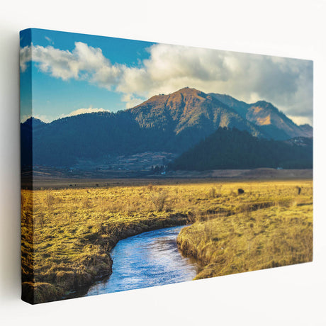 Large stretched canvas of a serene Bhutanese landscape in muted earth tones, ideal for kitchen wall art.