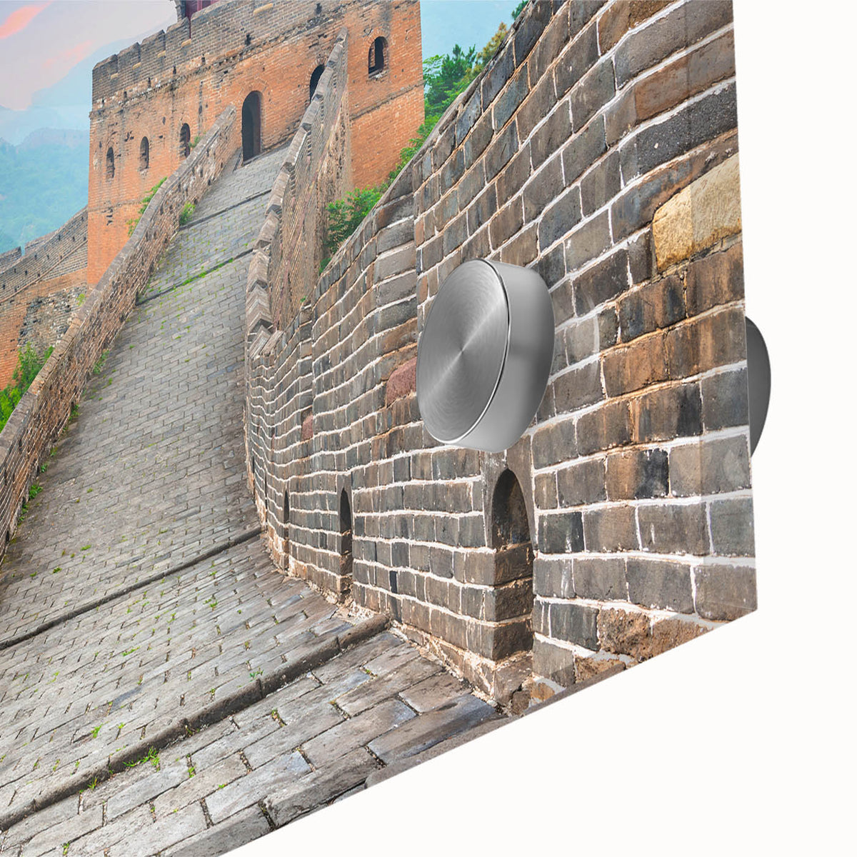 Acrylic print of the Great Wall of China in muted earth tones, ideal for dining room art in a mid-century modernist style.