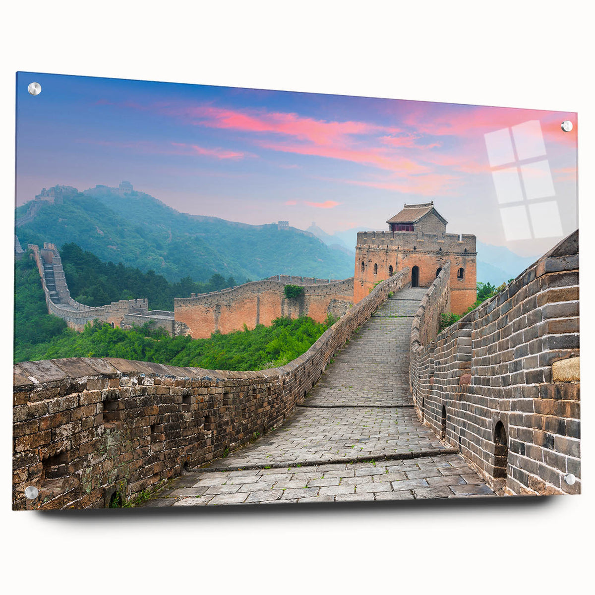 Acrylic print of the Great Wall of China in muted earth tones, ideal for bedroom or dining room decor.