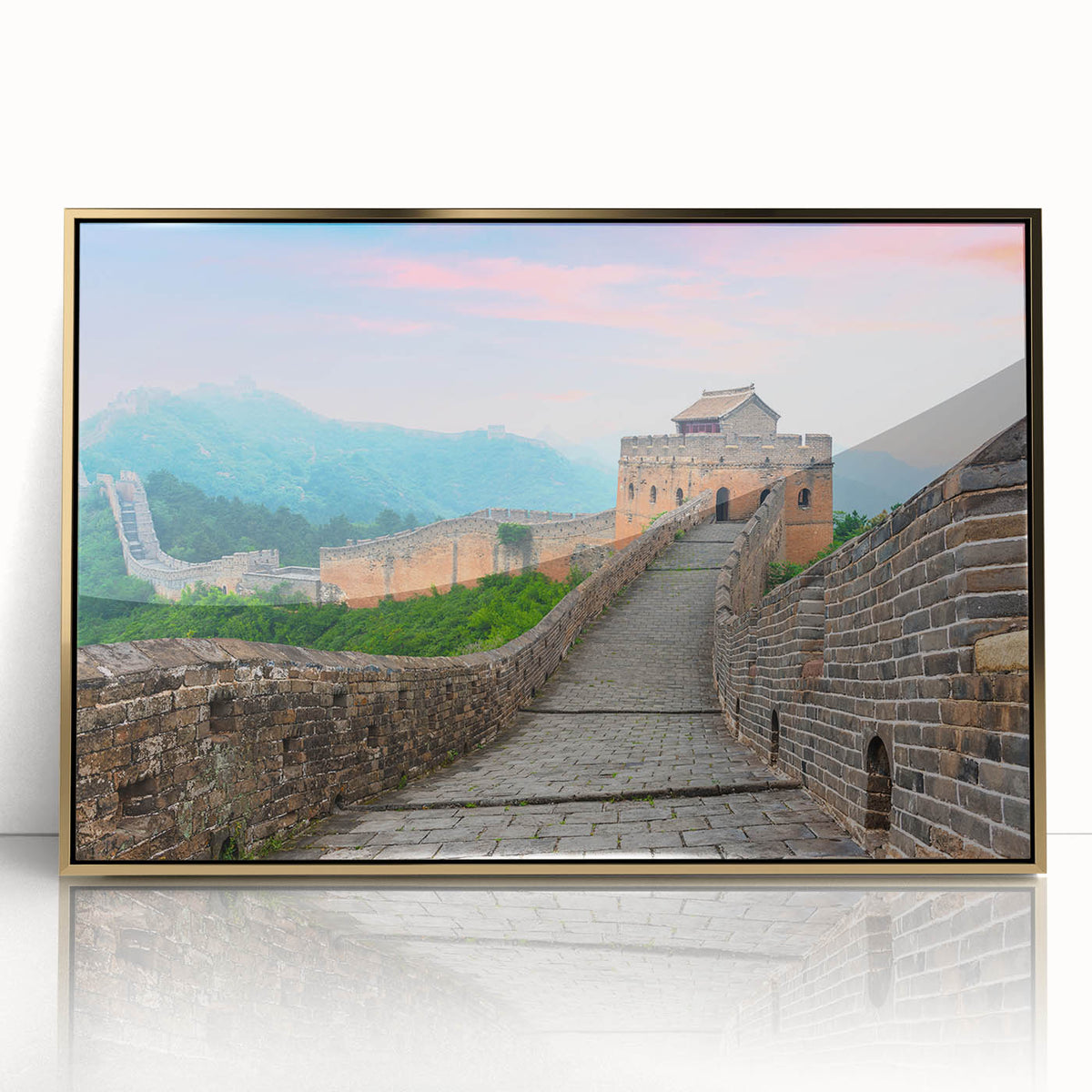 Acrylic print of the Great Wall of China in gold tones, ideal for modern art wall decor.
