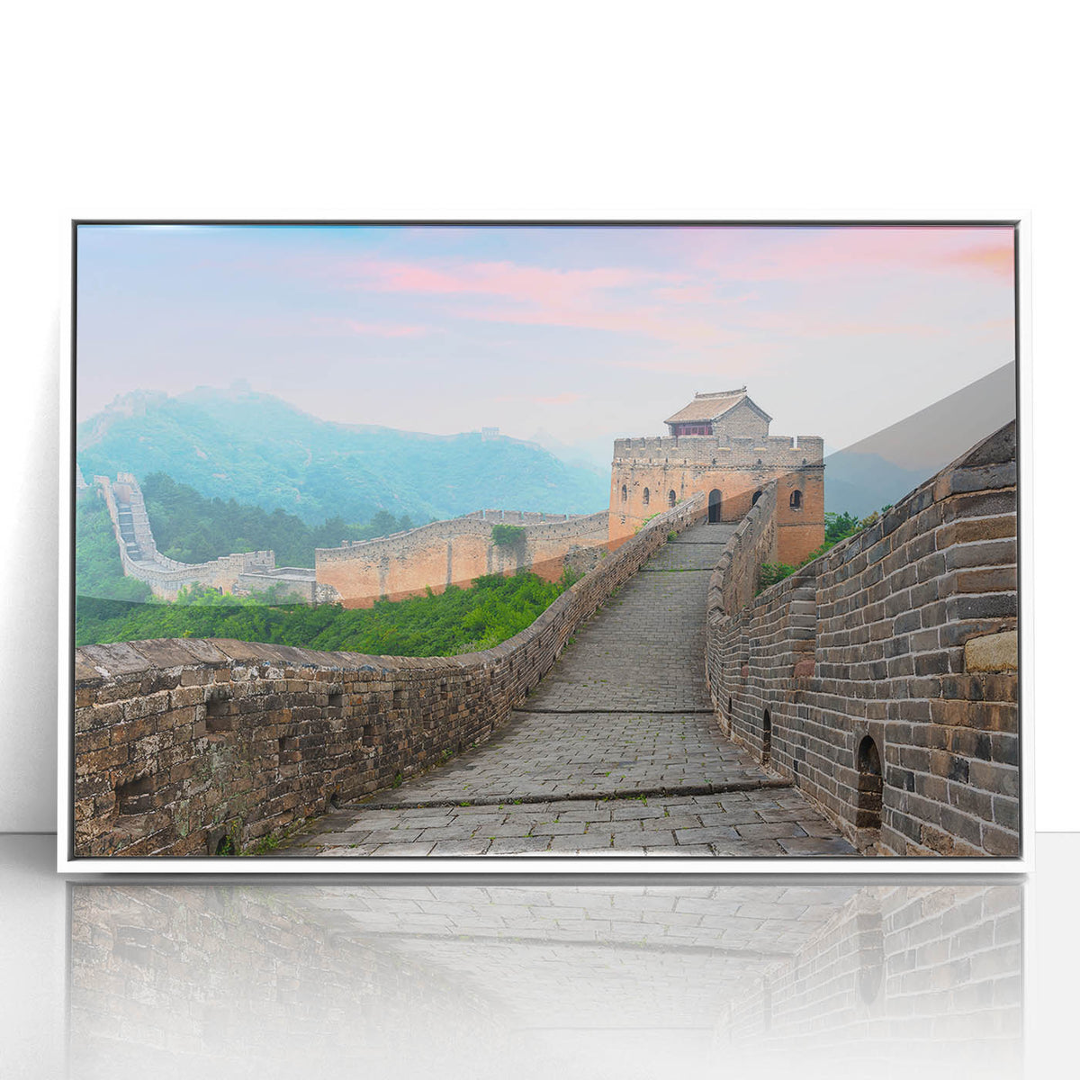Acrylic print of the Great Wall of China in muted earth tones, framed in white, suitable for modern art wall decor.