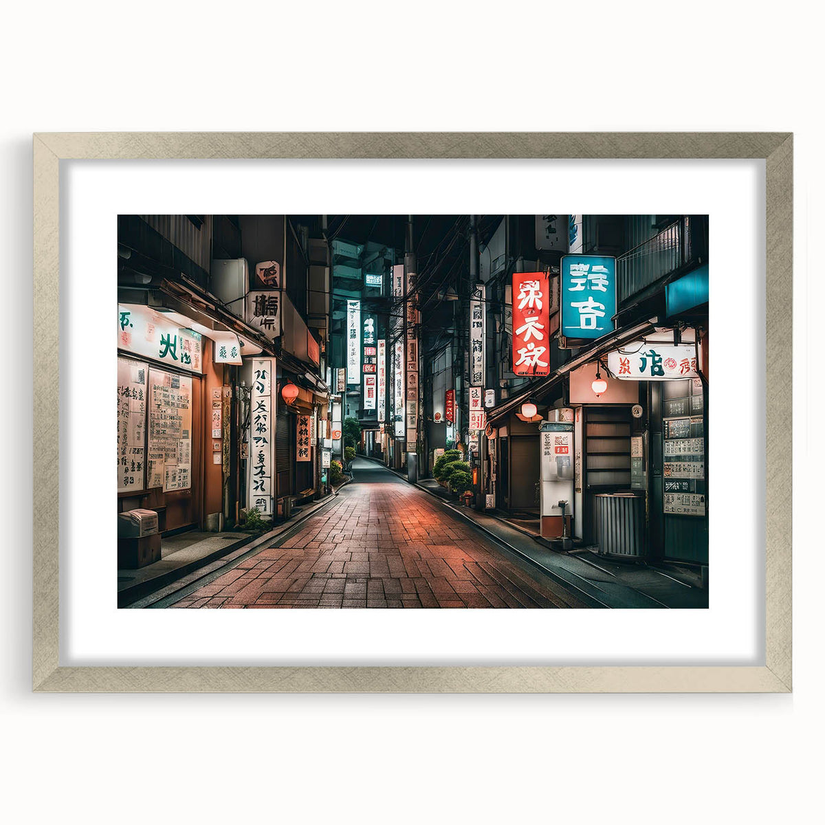Textured art depicting abstract Tokyo scenery in muted gray and silver tones on a framed print, suitable for bedroom decor.