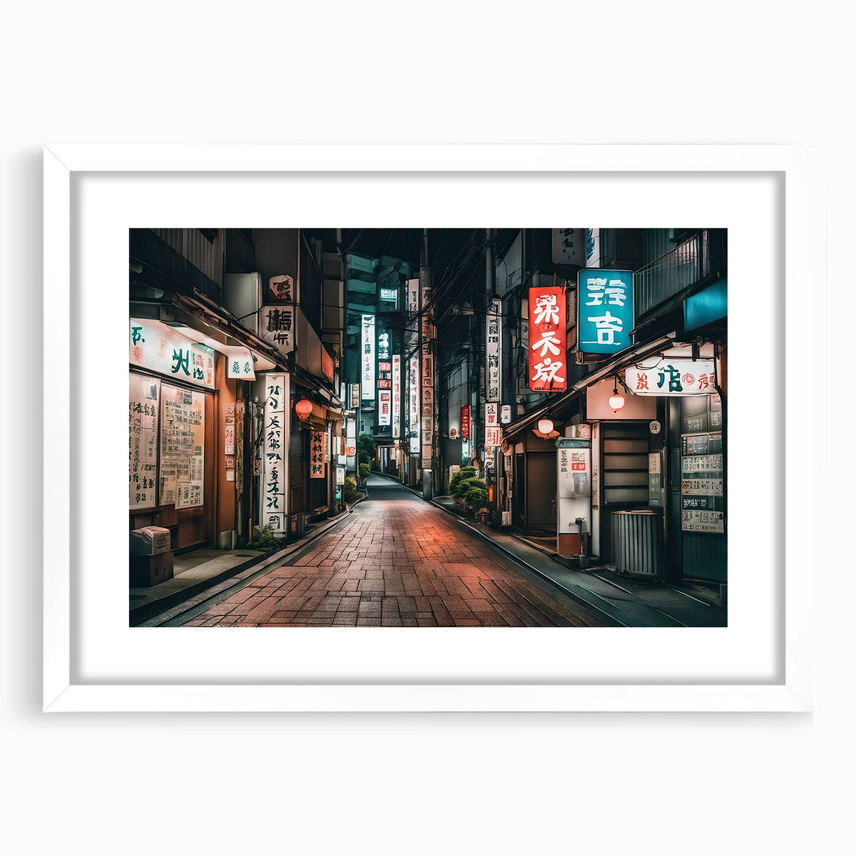 Abstract art print of Tokyo skyline in muted gray and blue tones on a framed white canvas, suitable for dining room decor.