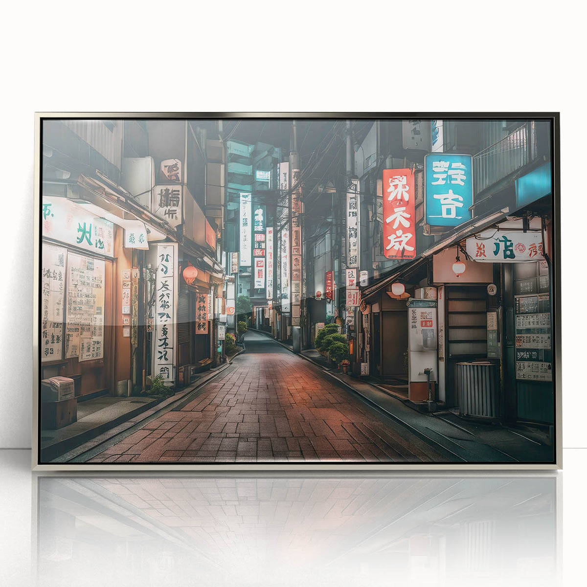 Mid-century modernist art depicting Tokyo skyline in muted silver and gray tones on acrylic, ideal for modern art wall decor.