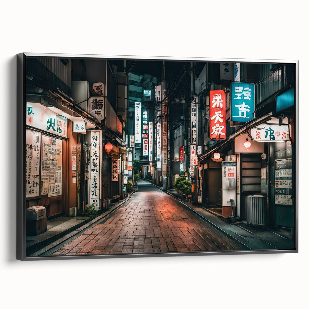 Black and white framed canvas of Tokyo landscape with vintage poster art style, suitable for bedroom decor.