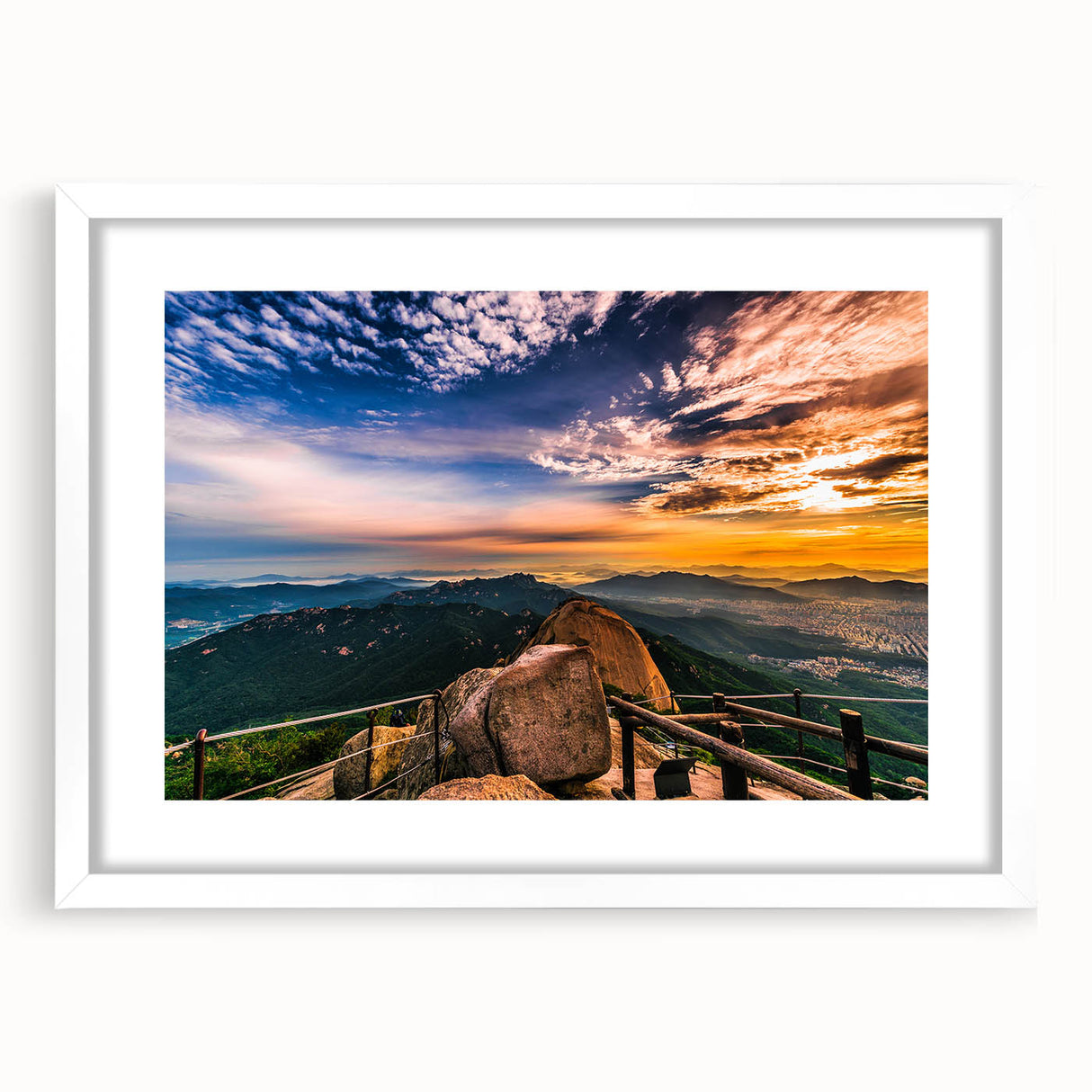 Abstract art print of a serene Korean landscape in muted green and blue tones on a framed white canvas.