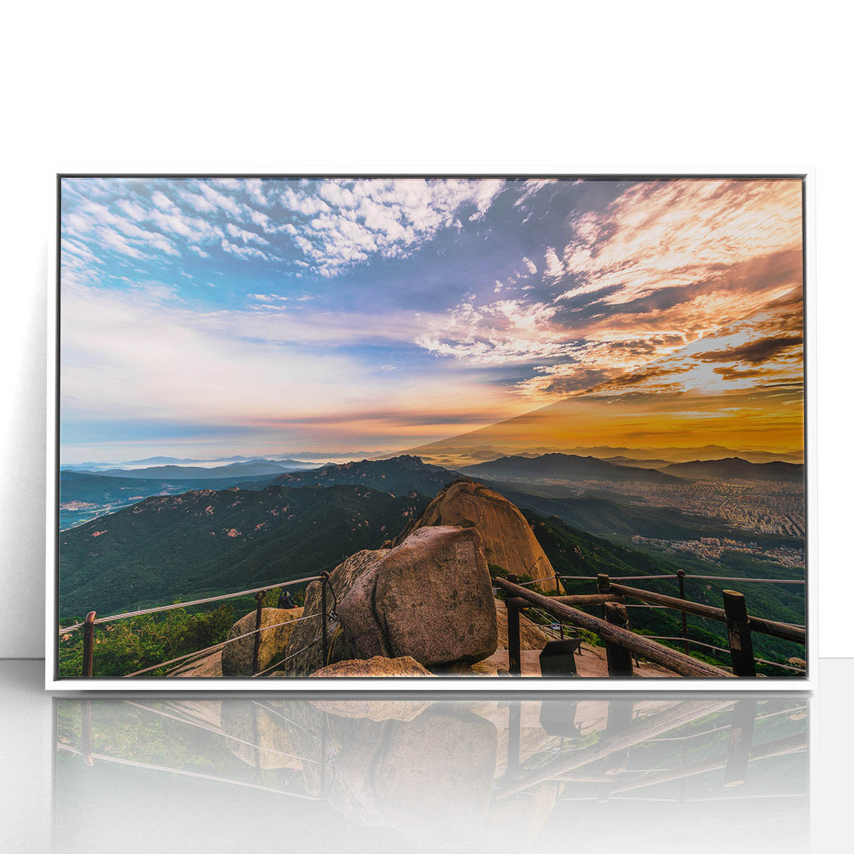 Art deco poster of a serene Korean landscape in muted green and blue tones, acrylic print framed in white.