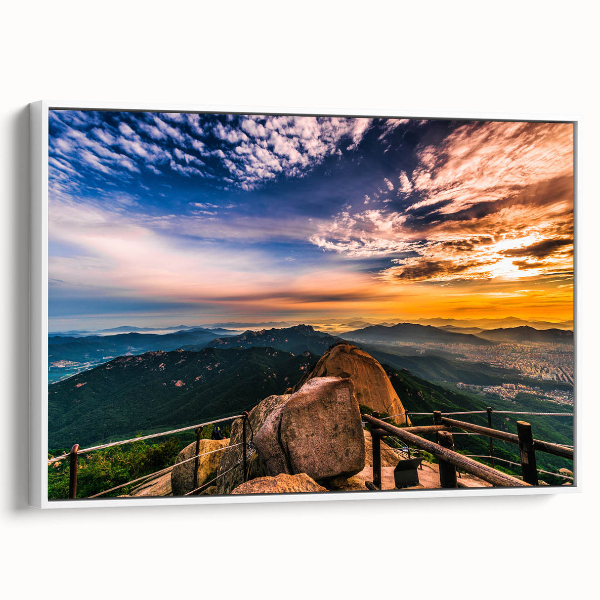 Vintage poster art of a scenic Korean landscape on a framed canvas, featuring a blend of colorful and black elements.