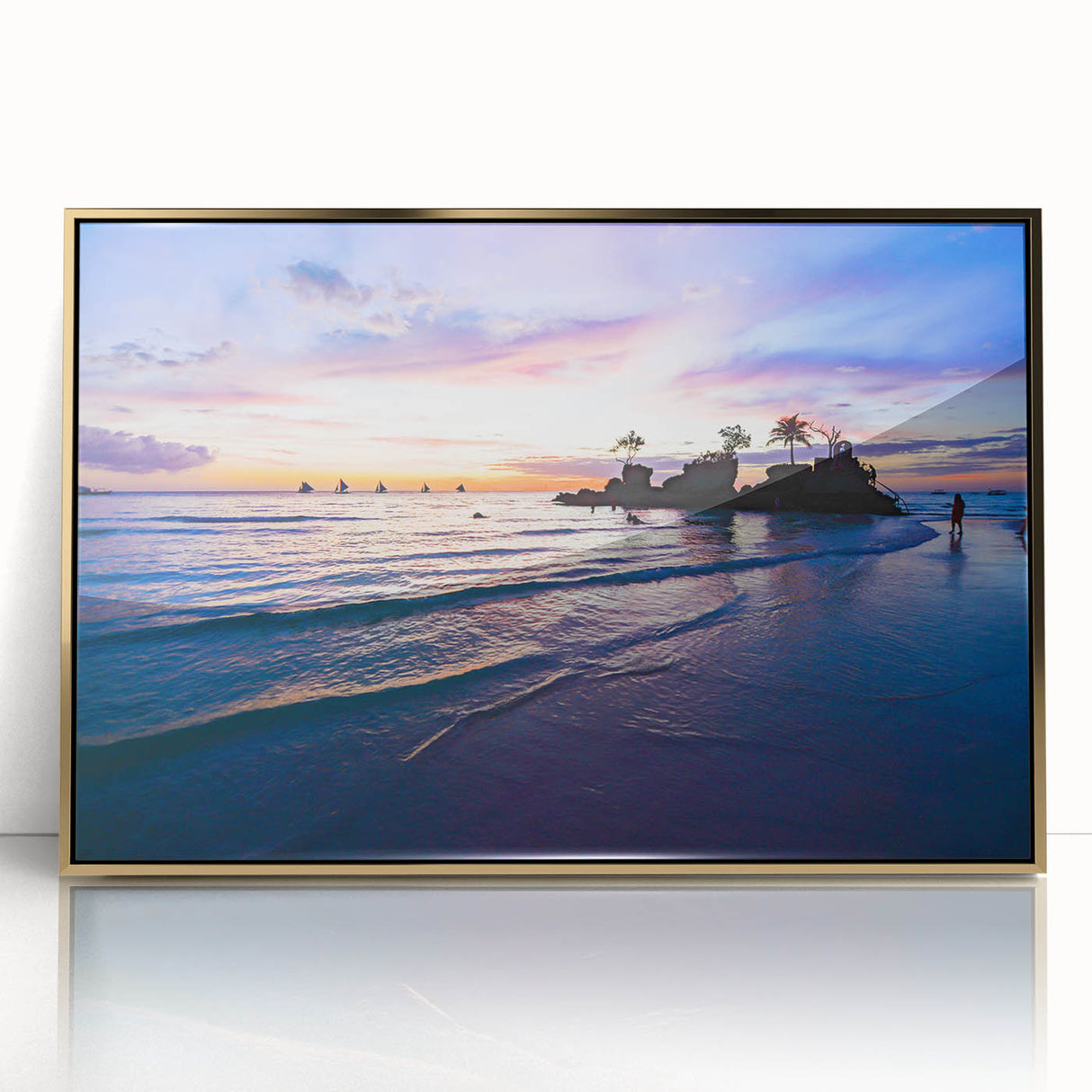 Large art print of a Philippine landscape in mid-century modernist style, featuring muted earth tones on a framed acrylic.