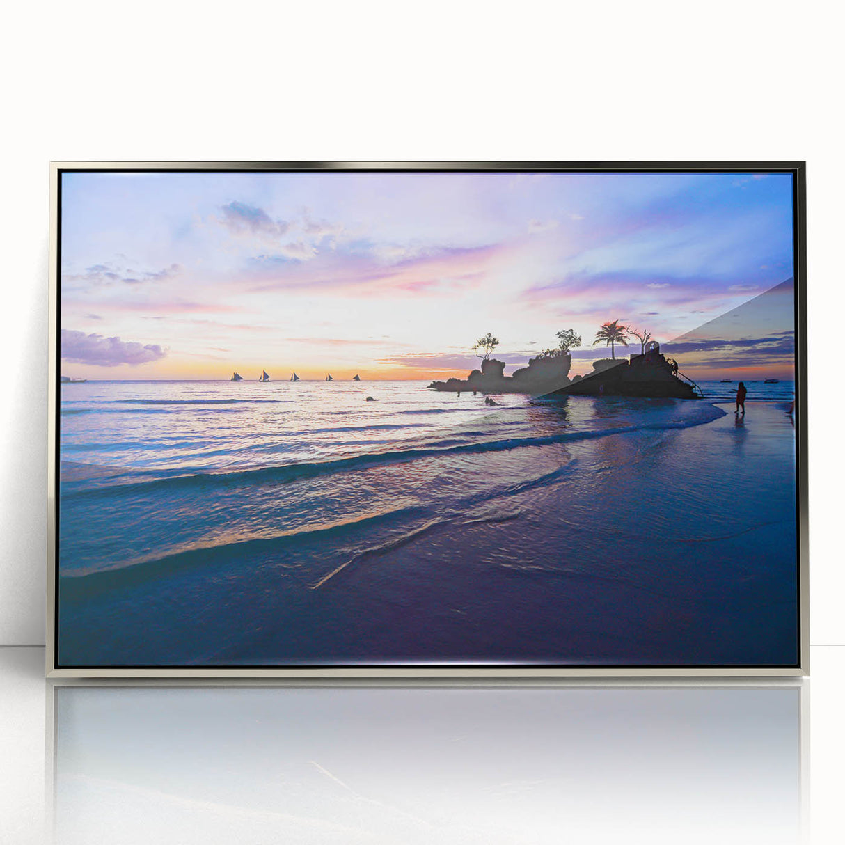 Mid-century modernist art depicting a serene Philippine landscape in muted earth tones.