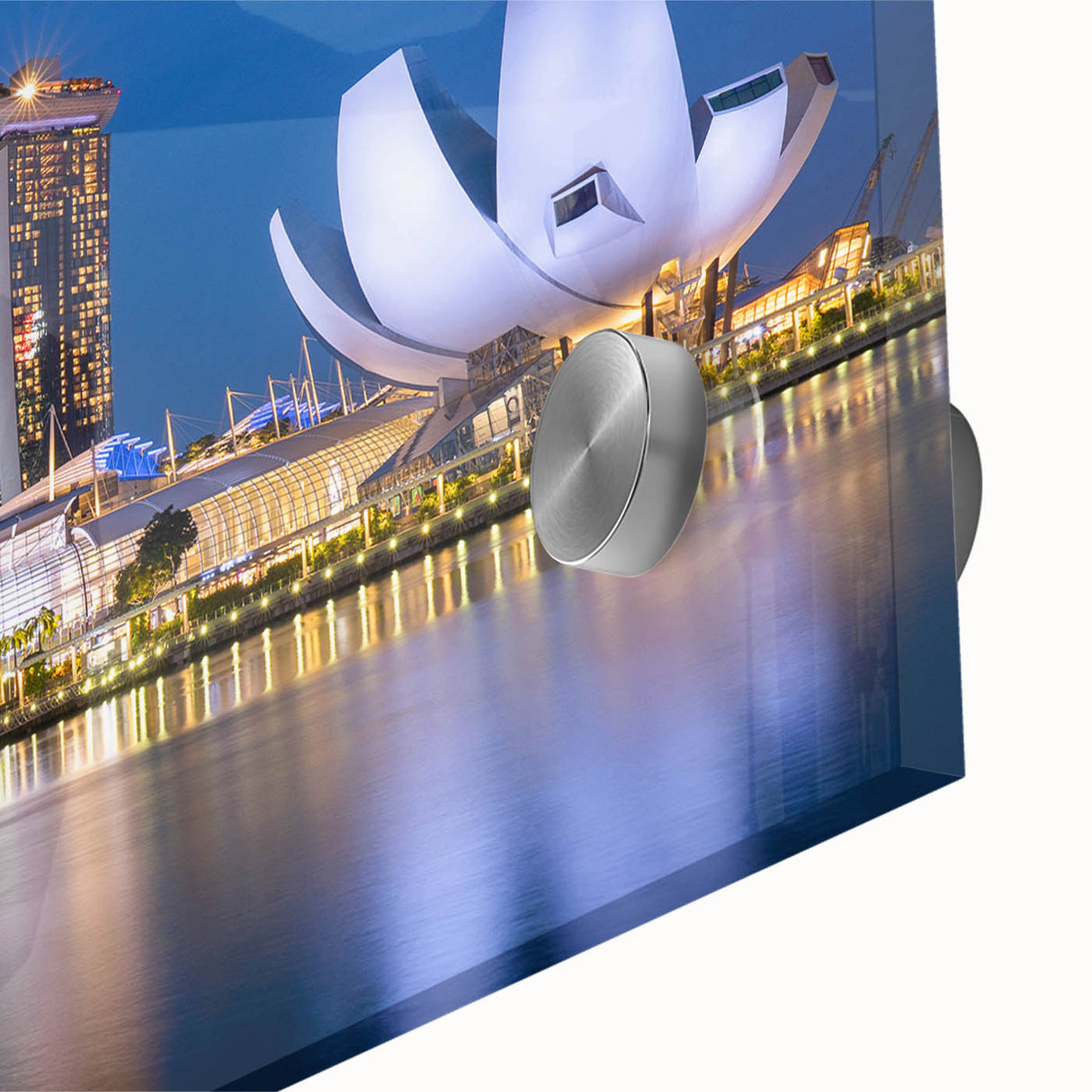 Large abstract depiction of the Singapore skyline in vibrant twilight hues on acrylic glass, suitable for dining room art.