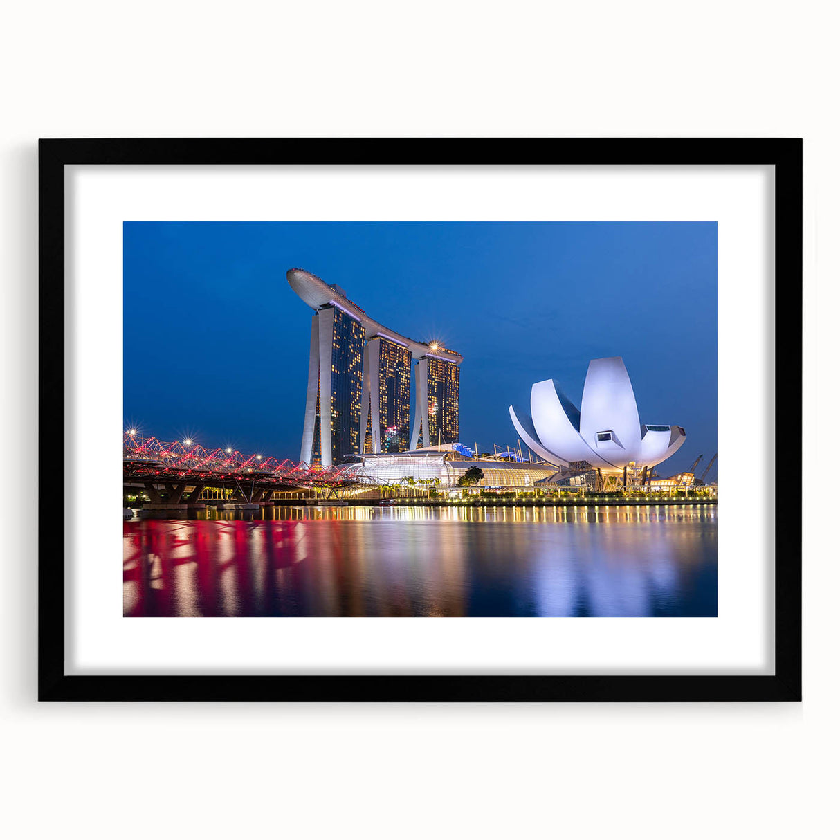 Extra large abstract art print featuring a colorful, textured depiction of the Singapore skyline on a framed black canvas.