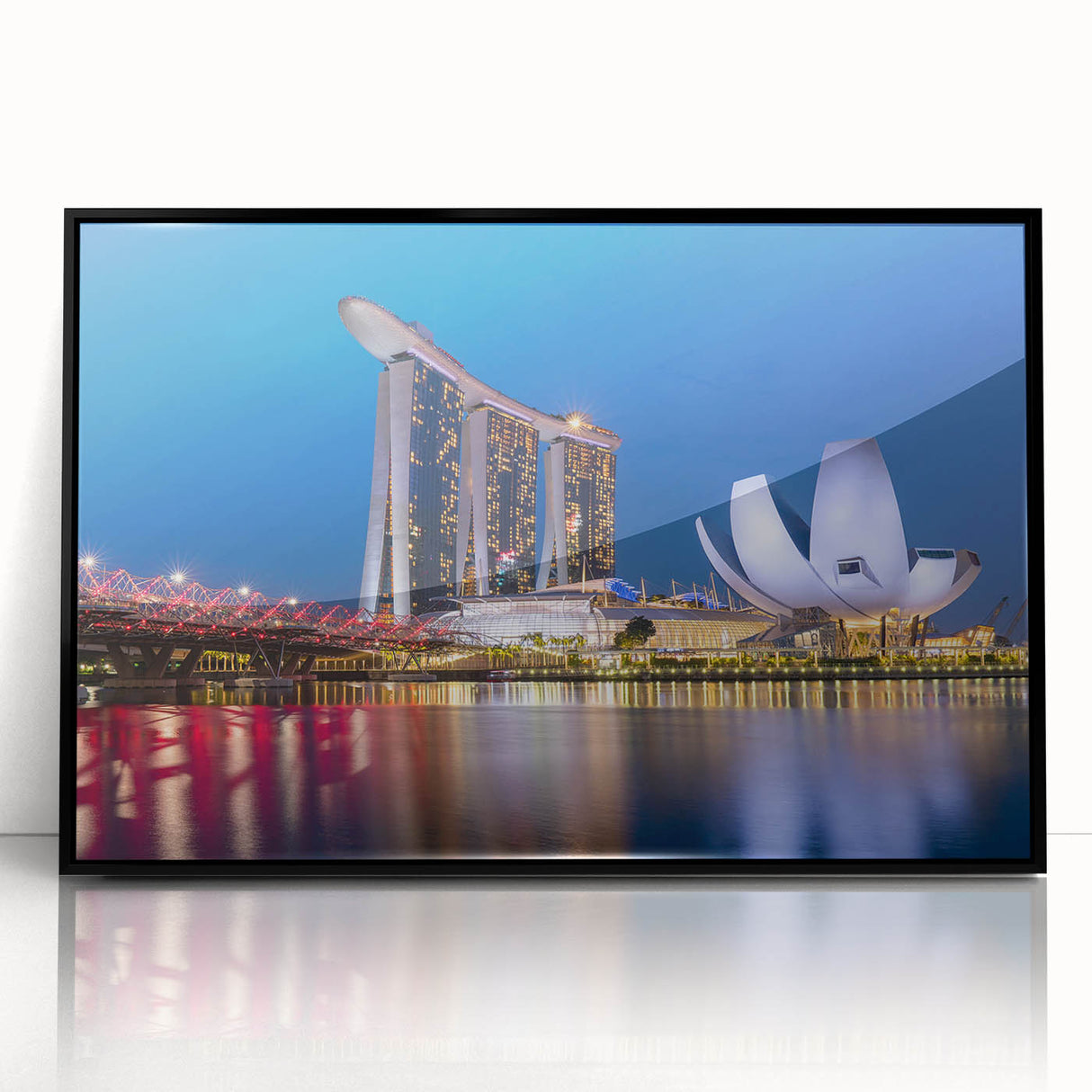 Large abstract wall art featuring the Singapore skyline in muted gray tones on a framed acrylic.