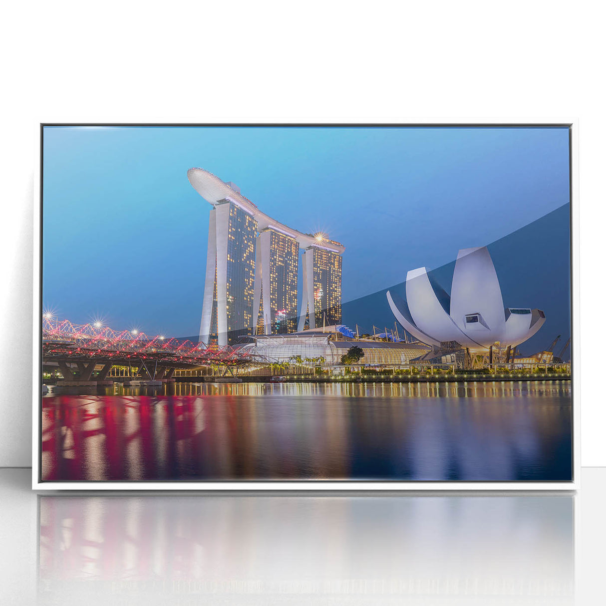 Acrylic print of Singapore skyline in art deco style, framed in white, suitable for modern art wall decor.