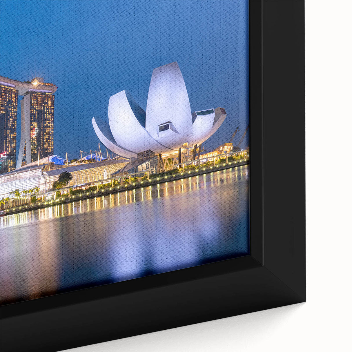 Extra large framed canvas depicting a textured Singapore skyline in black with colorful accents, ideal for living room decor.
