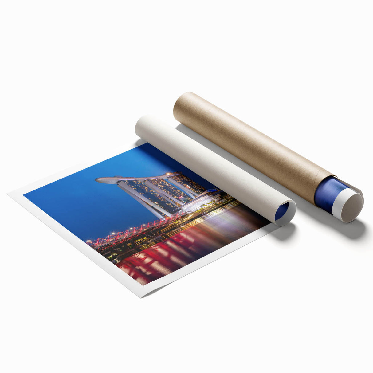 Extra large rolled print of Singapore skyline with floral motifs in soft pastel colors.