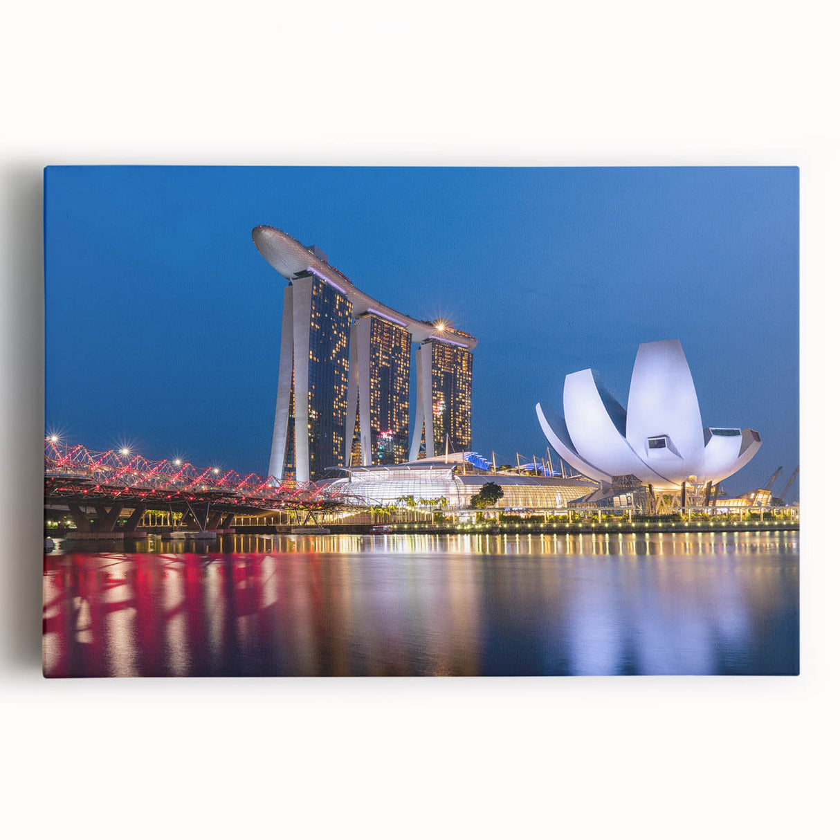Large black and white stretched canvas of Singapore skyline, ideal for kitchen wall art.