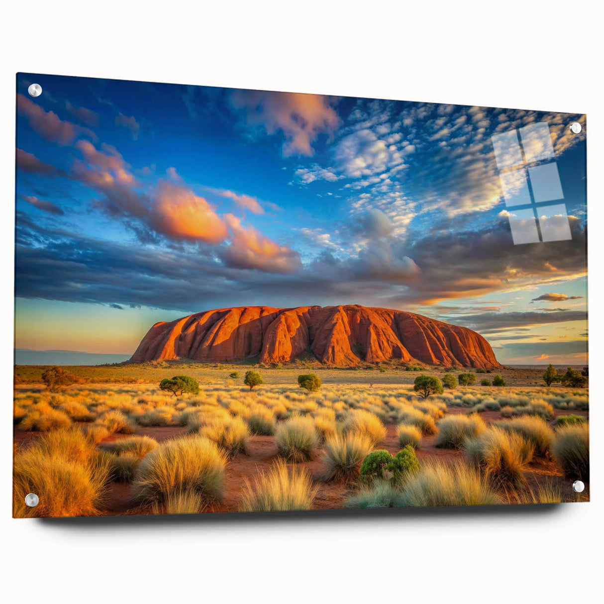 Acrylic print of Ayers Rock in Australia with vibrant sunset colors, ideal for dining room decor.