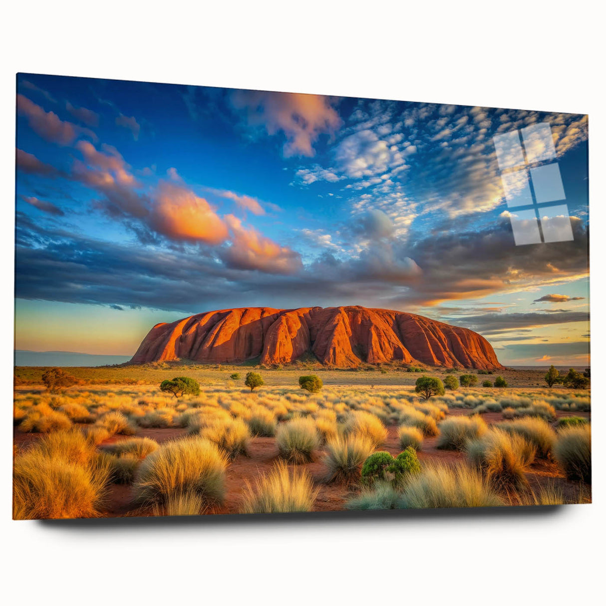 Large abstract depiction of Ayers Rock in muted orange and brown tones on acrylic glass.