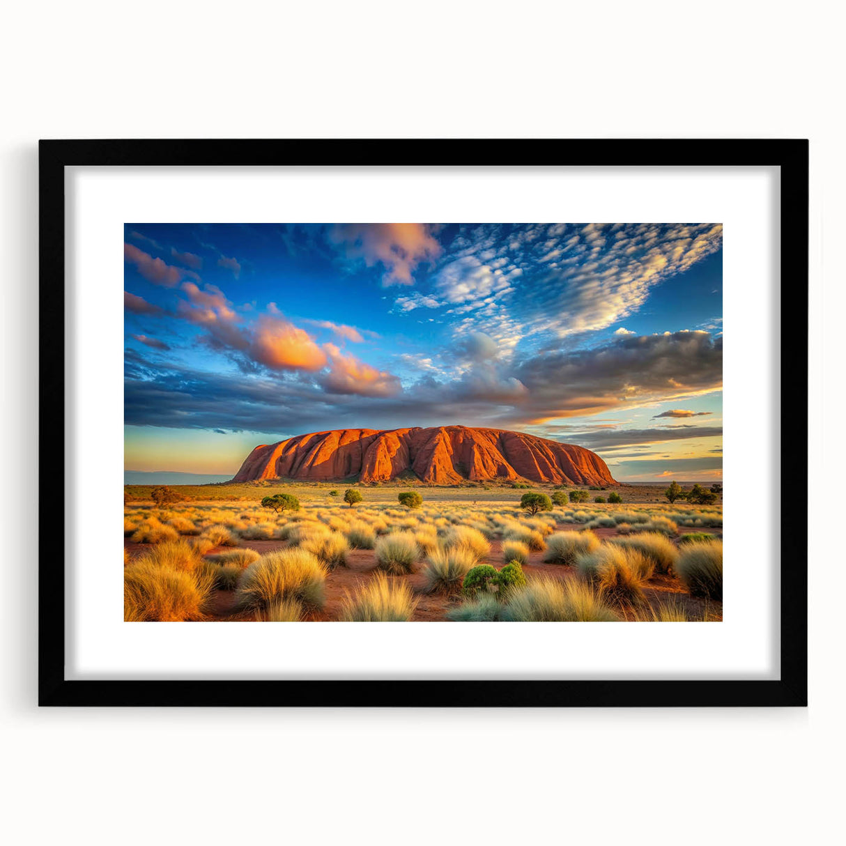 Extra large abstract art print of Ayers Rock in vibrant red and orange hues on a textured canvas, framed in black.