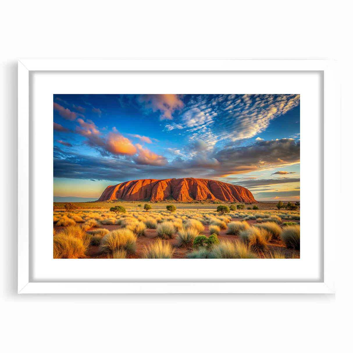 Extra large abstract art print of Ayers Rock in muted orange and brown tones, framed with a white mat.