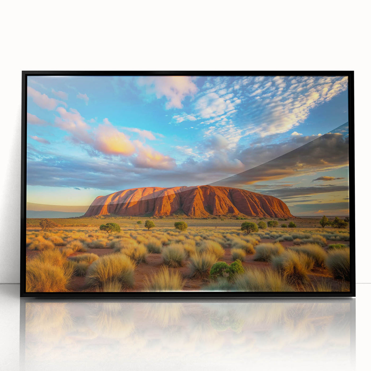 Framed acrylic print of a large abstract depiction of Ayers Rock in earthy tones, ideal for modern art wall decor.