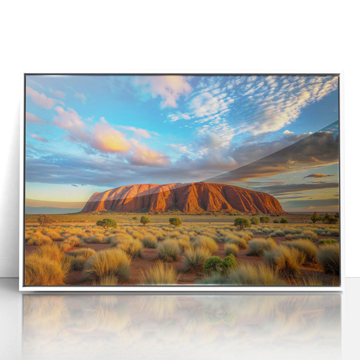 Framed acrylic print of Ayers Rock in Australia, featuring earthy red and orange tones, ideal for modern art wall decor.