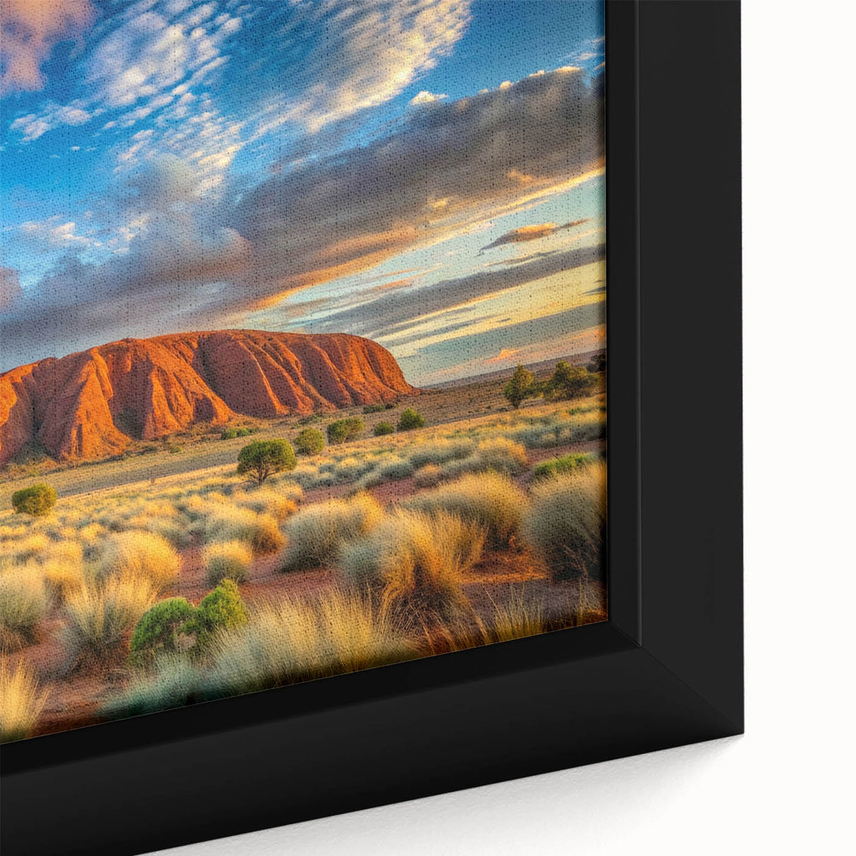 Extra large framed canvas of Ayers Rock in Australia, featuring textured black and colorful art, ideal for living room decor.