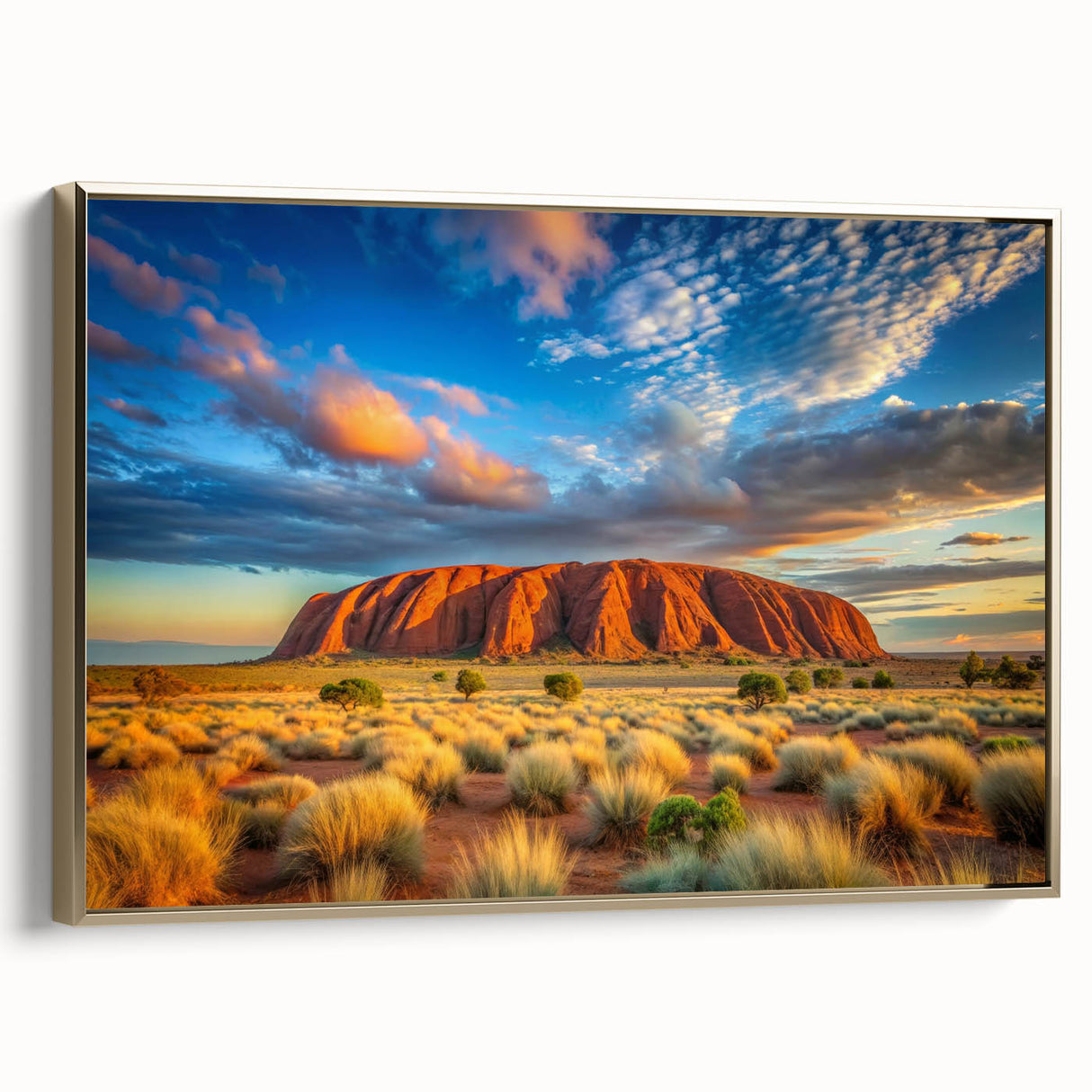 Framed canvas of Ayers Rock landscape art in muted earth tones, ideal for adding a vintage touch to any room.