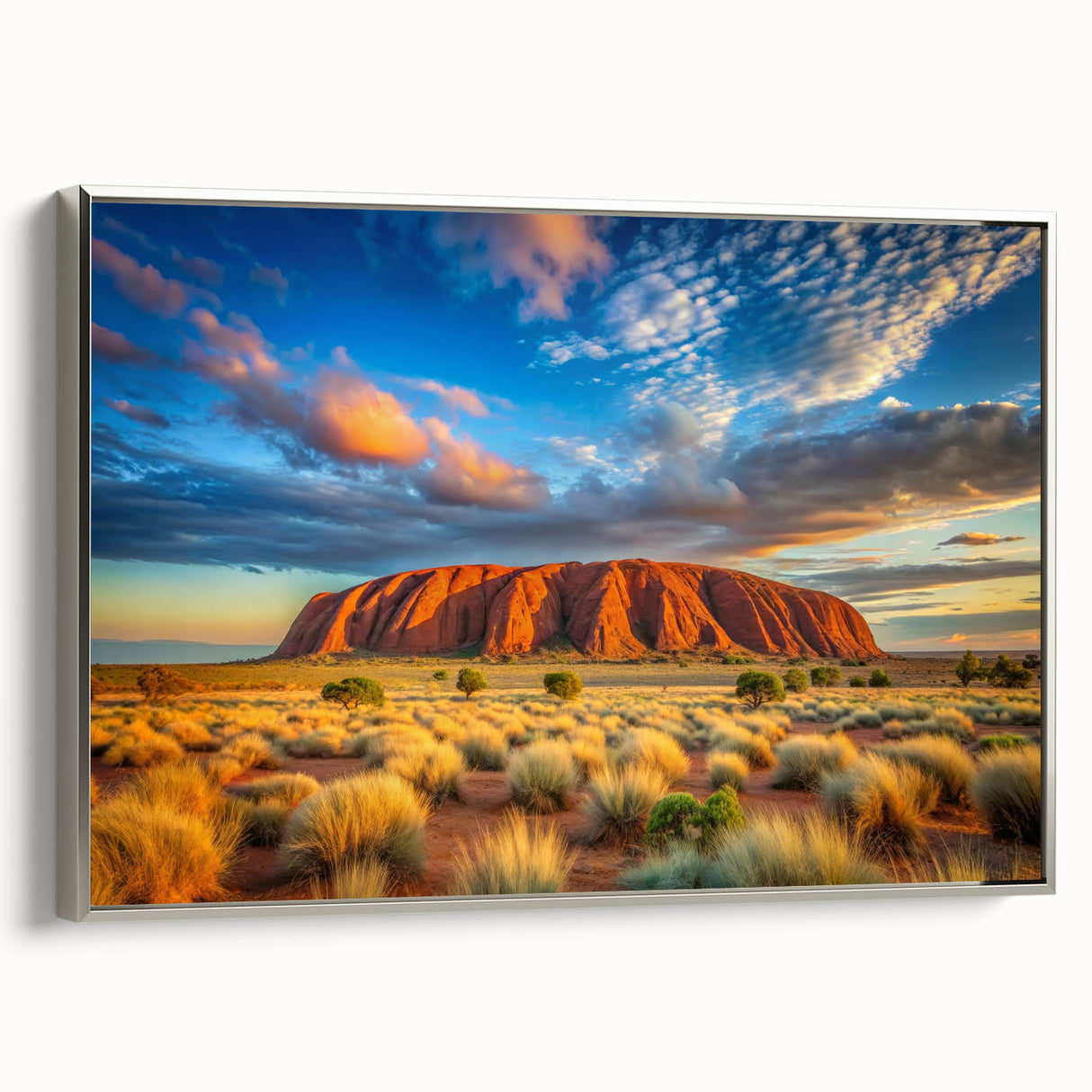 Vintage poster art of Ayers Rock in muted earth tones on a large framed canvas, suitable for living room decor.