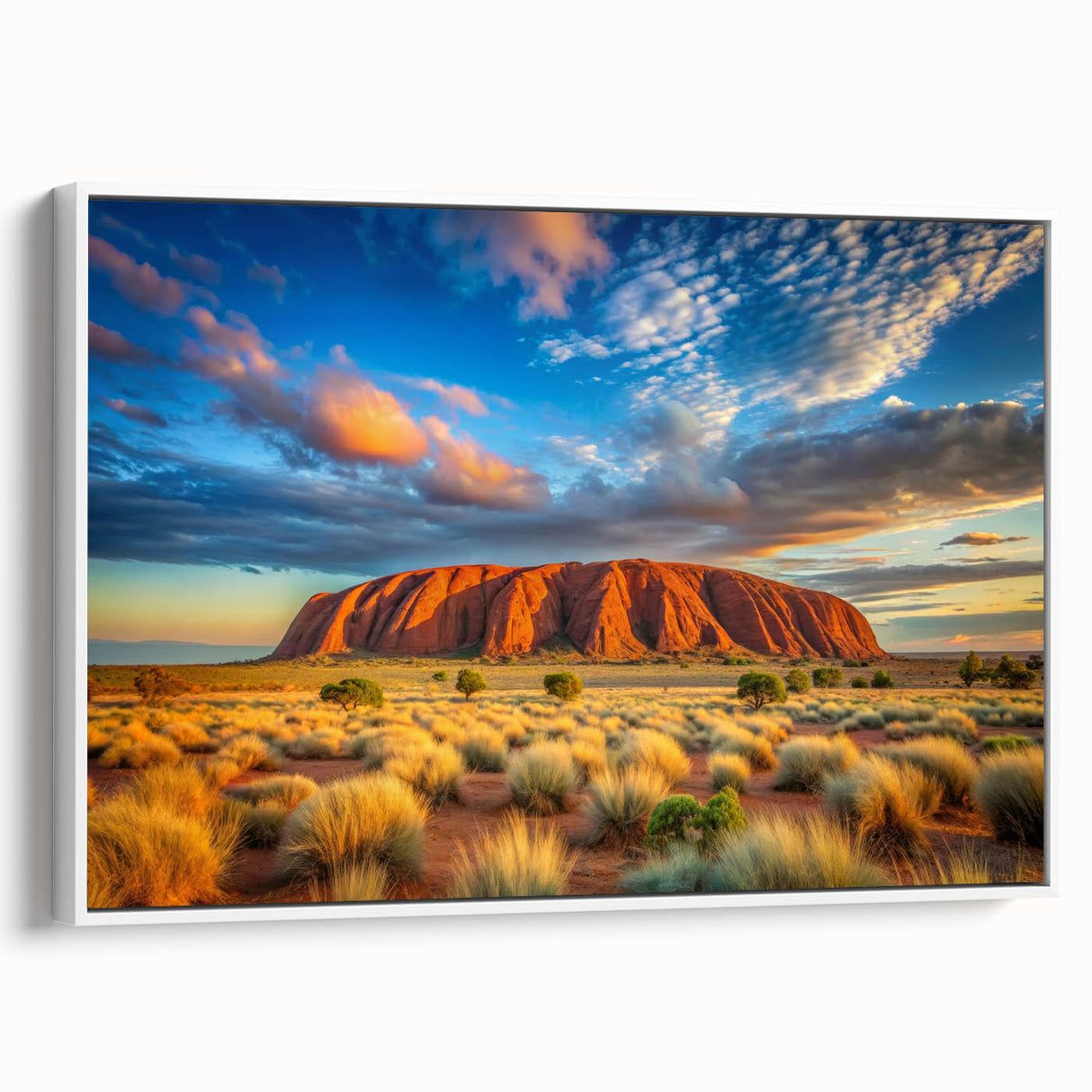 Framed canvas depicting Ayers Rock in Australia with muted earth tones, ideal for bedroom wall art.