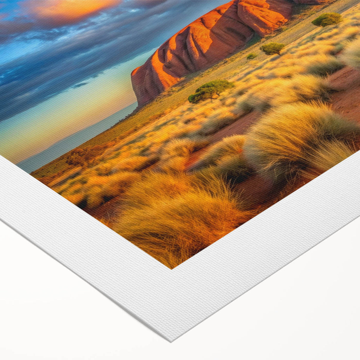 Art deco poster of Ayers Rock in muted orange and brown tones on rolled canvas, suitable for dining room wall art.