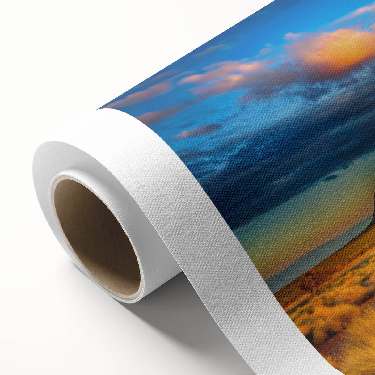 Ayers Rock scenery on a rolled canvas in art deco style, displaying earthy red and orange tones.