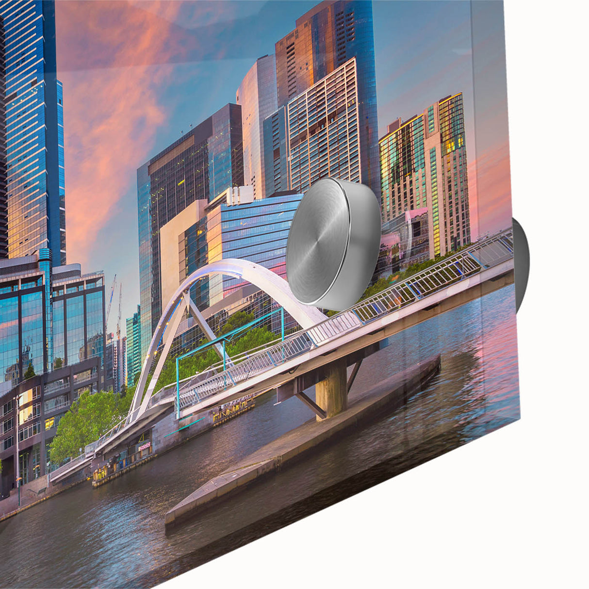 Large abstract depiction of Melbourne skyline in muted earth tones on acrylic glass, suitable as dining room art.