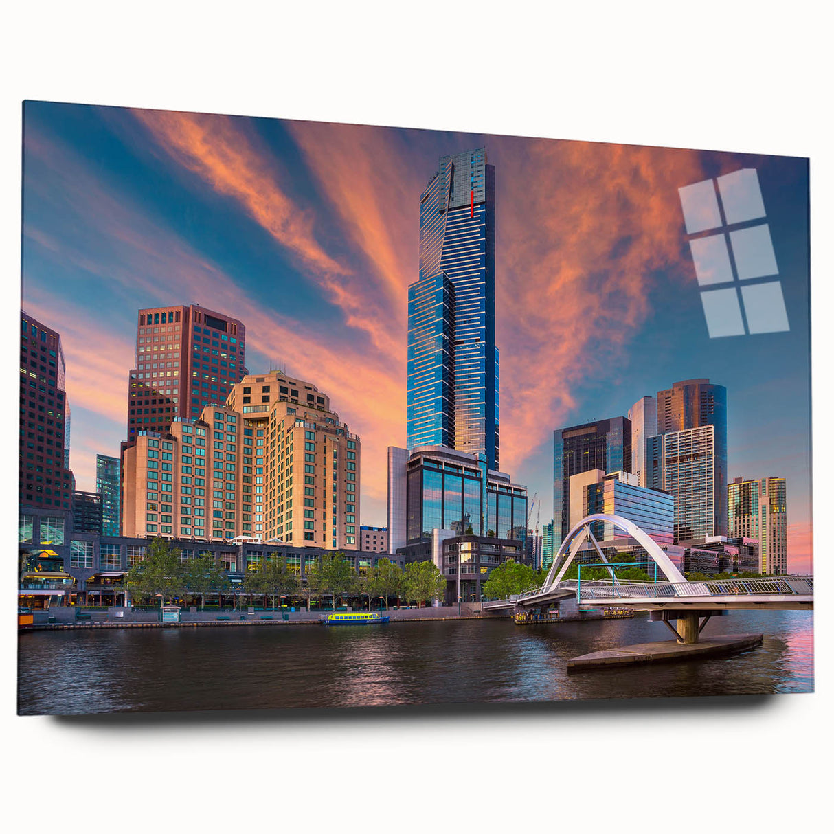 Large abstract wall art of Melbourne scenery in muted blue tones on acrylic glass, ideal for bedroom or dining room decor.